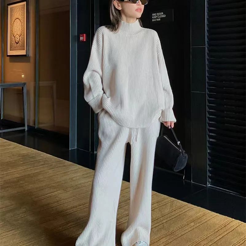 Women's Knitted Suit Half High Neck Long Sleeve Ribbed Top And Straight Pants Two Piece Loose Fit Autumn Winter