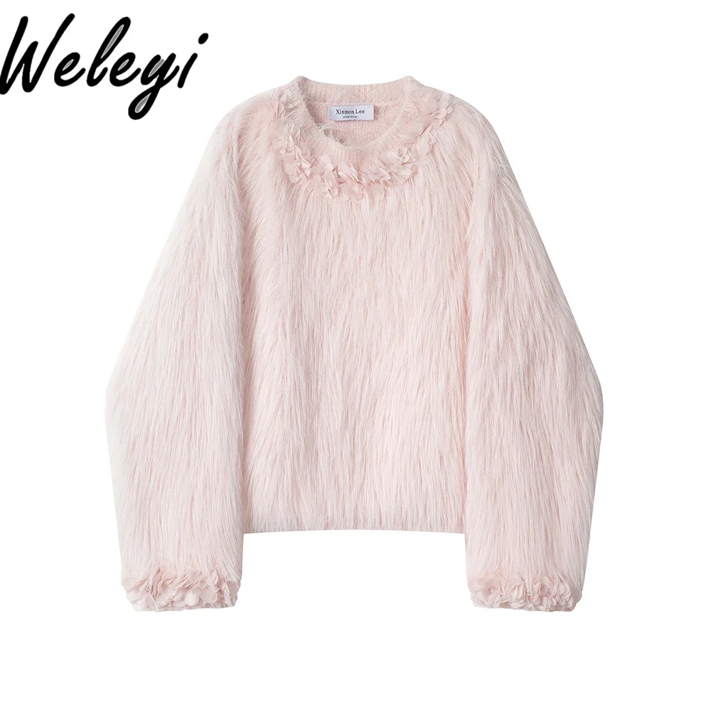 High-end Winter Inner Pink Furry Knitted Sweater Female Elegant Women's Round Neck Long Sleeve Short Pullovers Knit Top Feminino