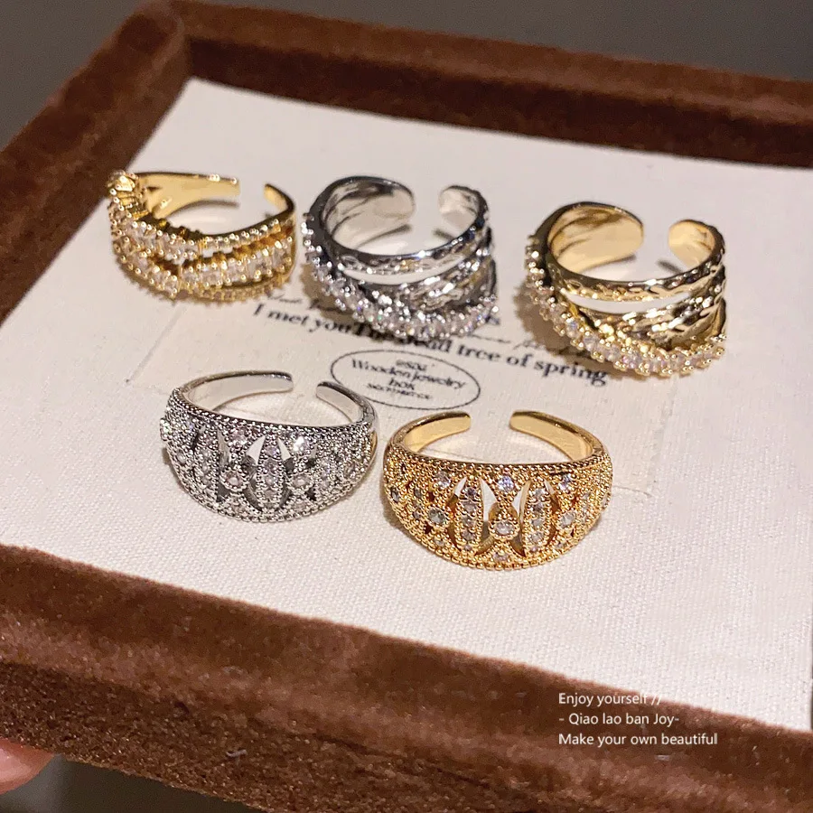 

Gold Plated Openwork Ring, Cubic Zirconia Cut-Out Circle Index Finger Ring, Adjustable Minimalist Statement Jewelry