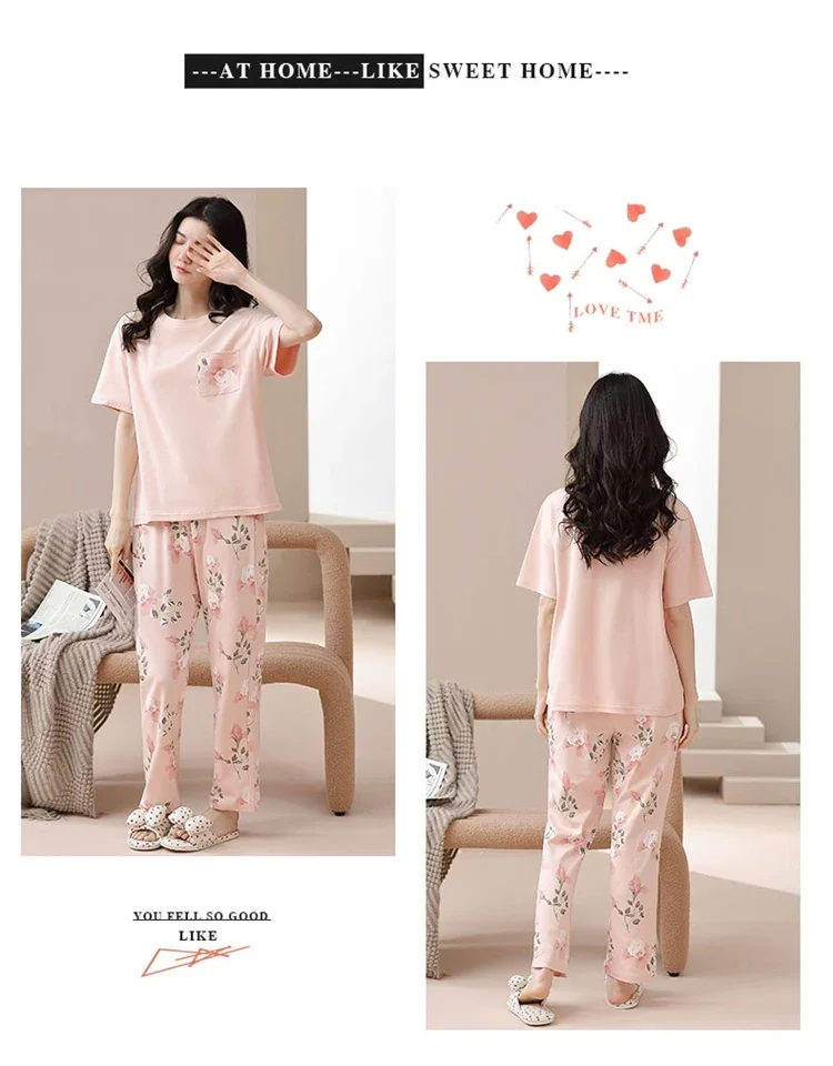 2025 Summer 100% Cotton Short Sleeve Long Pants Pajama Sets for Women Korean Cute Sleepwear Homewear Pijama Mujer Home Clothes
