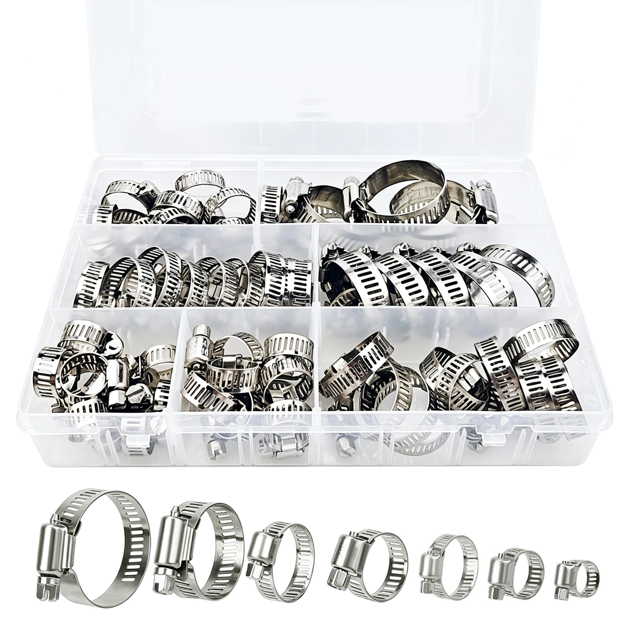 Stainless Steel Hose Clamp Assortment Kit- 60 Pieces, Adjustable 1/4''- 1-1/2'' (6-38mm) Worm Gear Metal Fuel Line Clamp