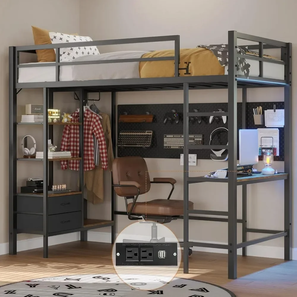 Twin Size Loft Bed, Desk and Led Lights Metal Loft with Storage Shelves and Drawers Twin Junior Bed with Clothes Rail