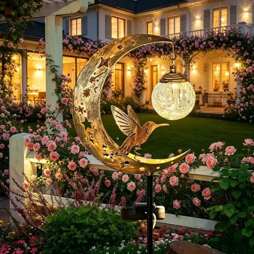 Waterproof Solar Garden Stake Light Solar Powered Floor Insertion Hummingbird Moon Light Creative Half-Moon Design Lawn Lamp