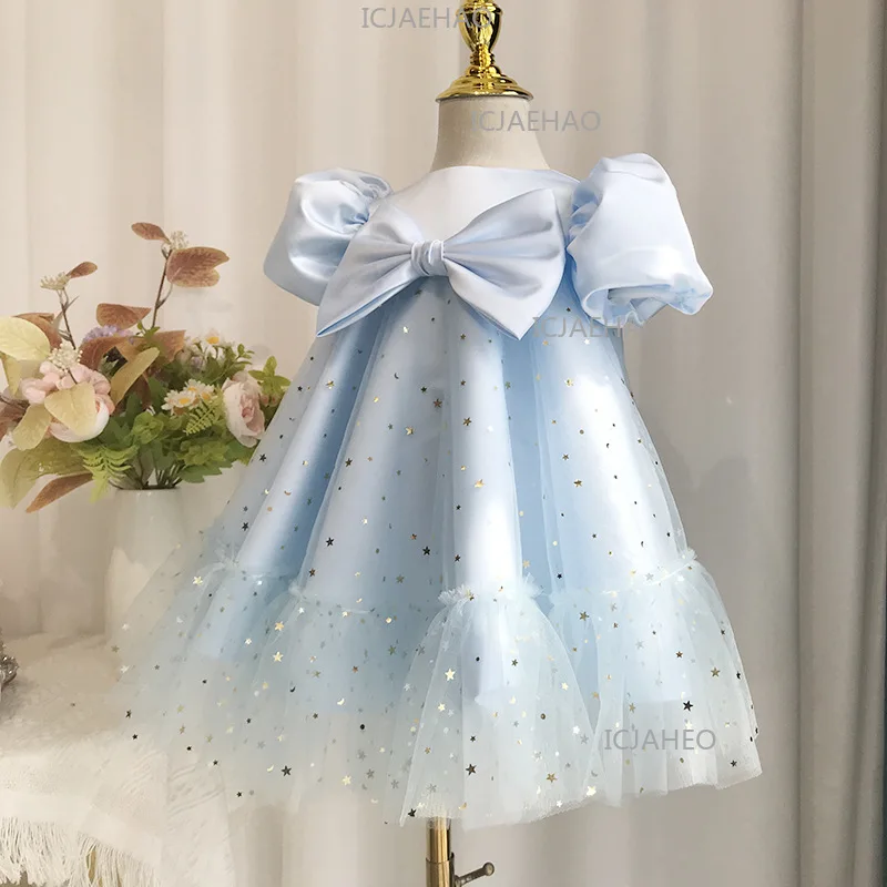2026 New Baby First Birthday Dress Children Fashion Flower Girl Princess Tutu Dresses Korean Light Blue Puff Sleeve Party Gown