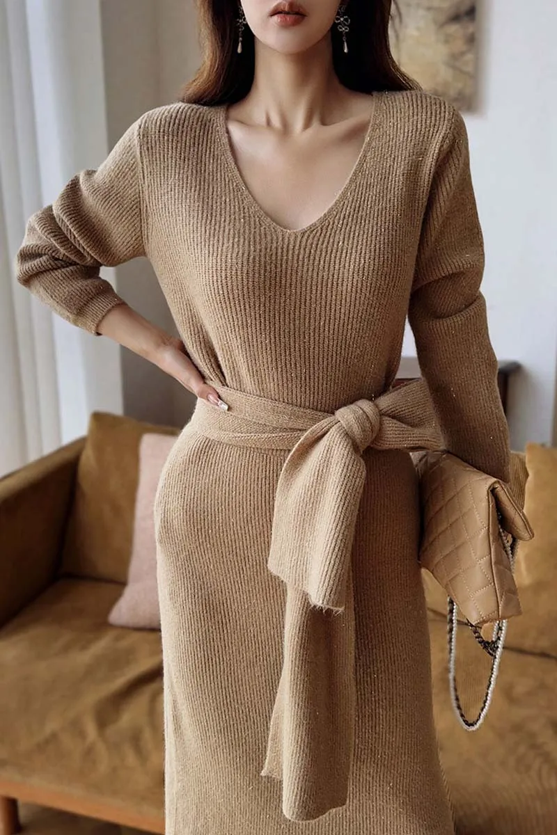 DABUWAWA Tienda Vestidos Elegantes Para Mujeres Scarf Collar Knitted 2 Piece Sets Pullover Sweater Dress Womans Y2k DA1DSE007