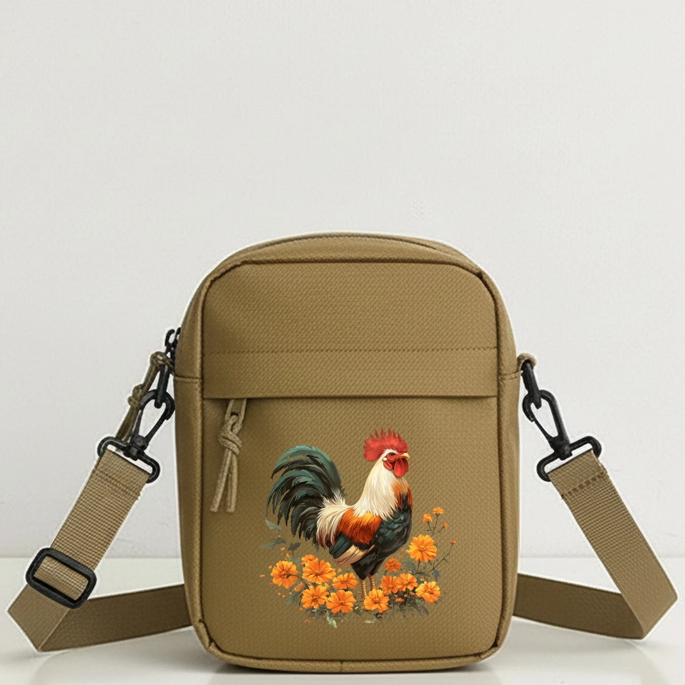 Vibrant Rooster Pattern Crossbody Bag Lightweight Multi-Pocket Shoulder Backpack Adjustable Strap Casual Travel School Daily Use