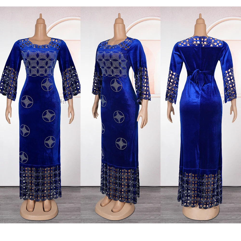 H&D 2025 Plus Size African Dress Women's Bule Fashion Velvet Wedding Party Dinner Gown Elegant Diamond Pearl Maxi Bubu Robe New