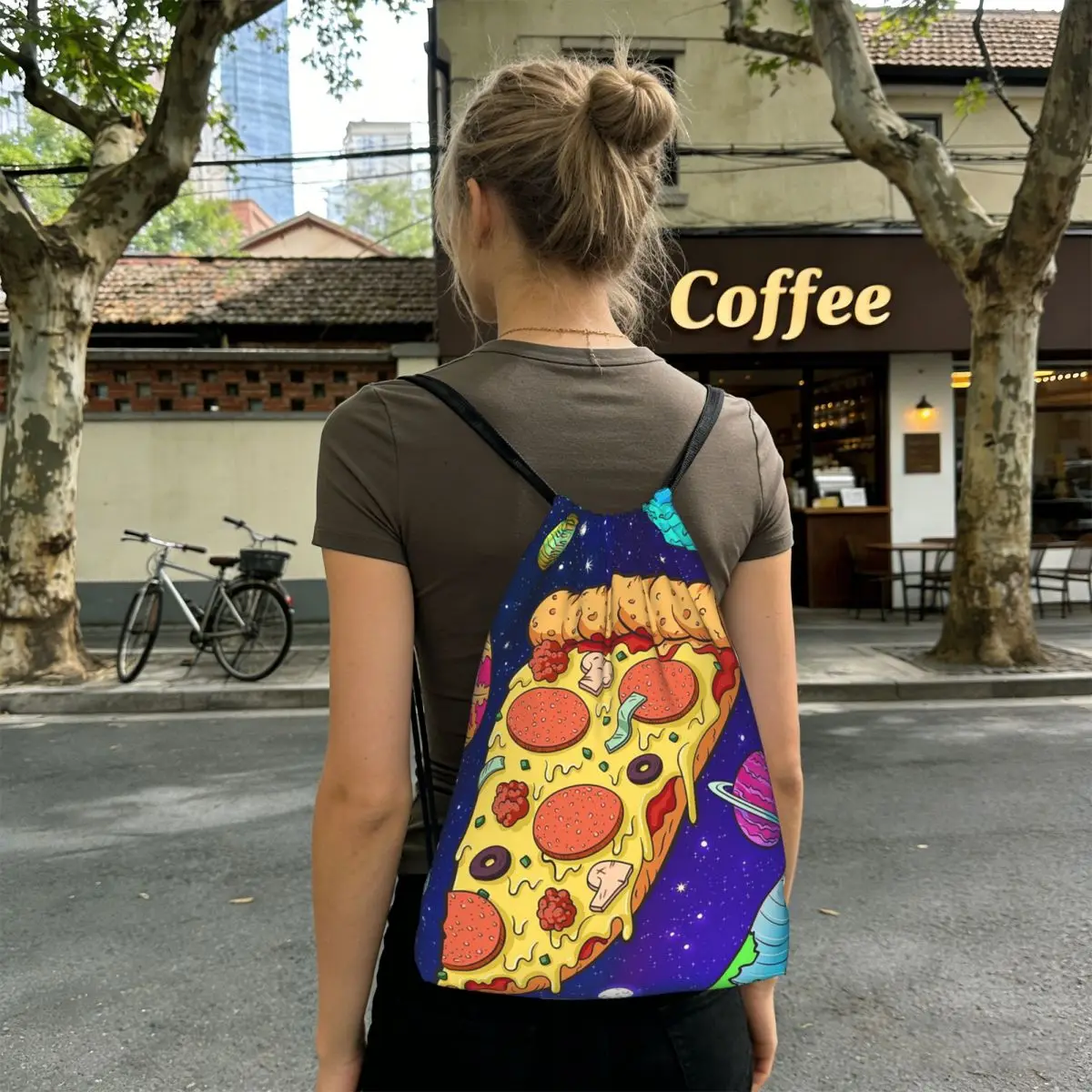 Cartoon A Pizza Slice In Space Backpacks Multi-function Drawstring Bundle Pocket Sports Bag Book Bags for Travel School