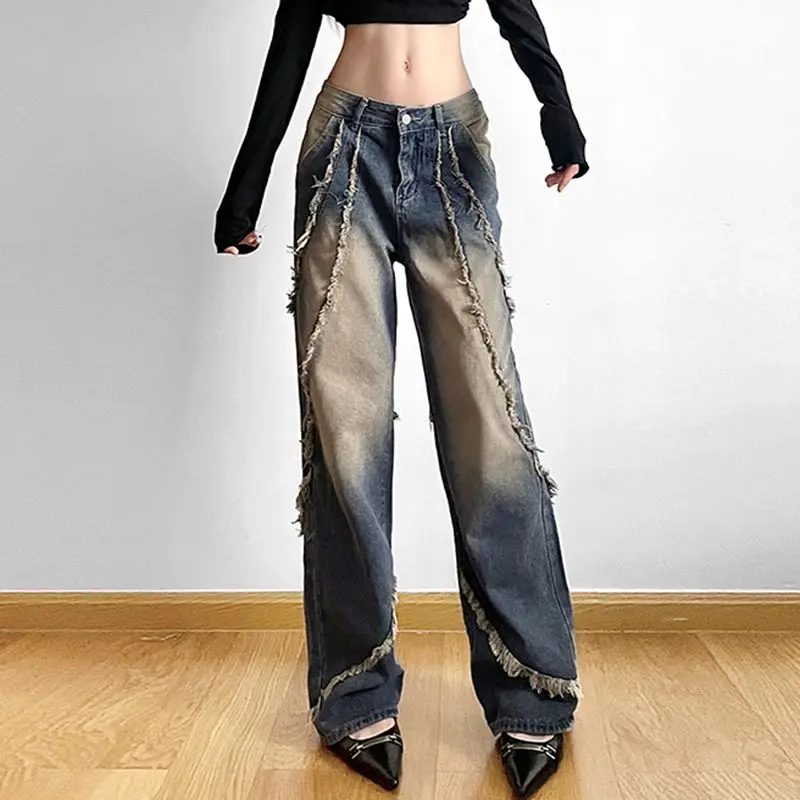 

Jeans Rugged Patchwork Striped High Street Trendy Washed Do Old For Women American Retro Oversized Loose Wide Leg Mop Pants