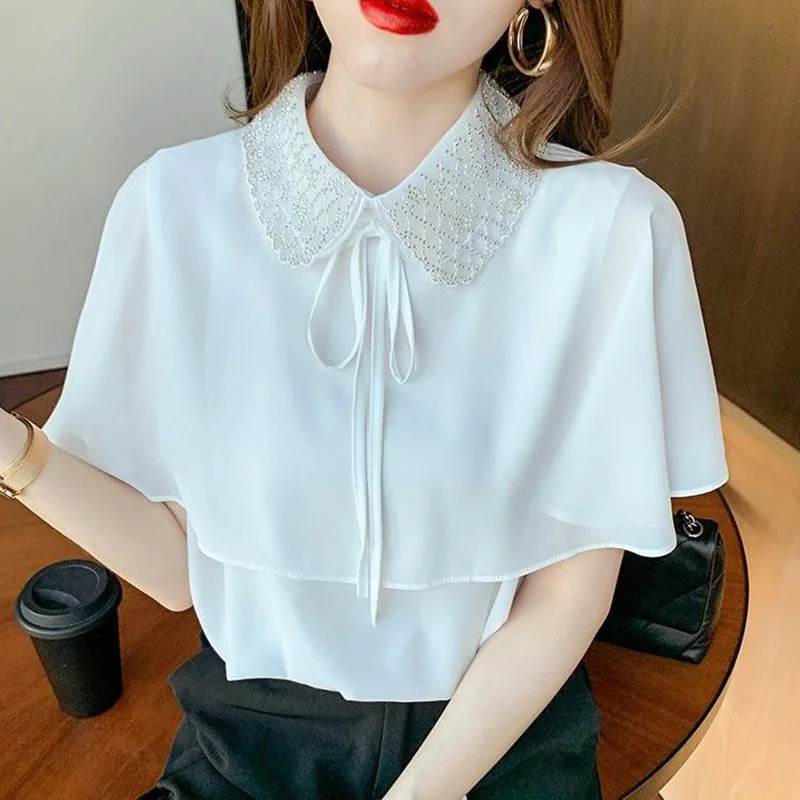 Sweet Peter Pan Collar Lace Up Bow Ruffles Oversized Beading Chiffon Shirt Summer Casual Pullovers Loose Commute Women\'s Blouse