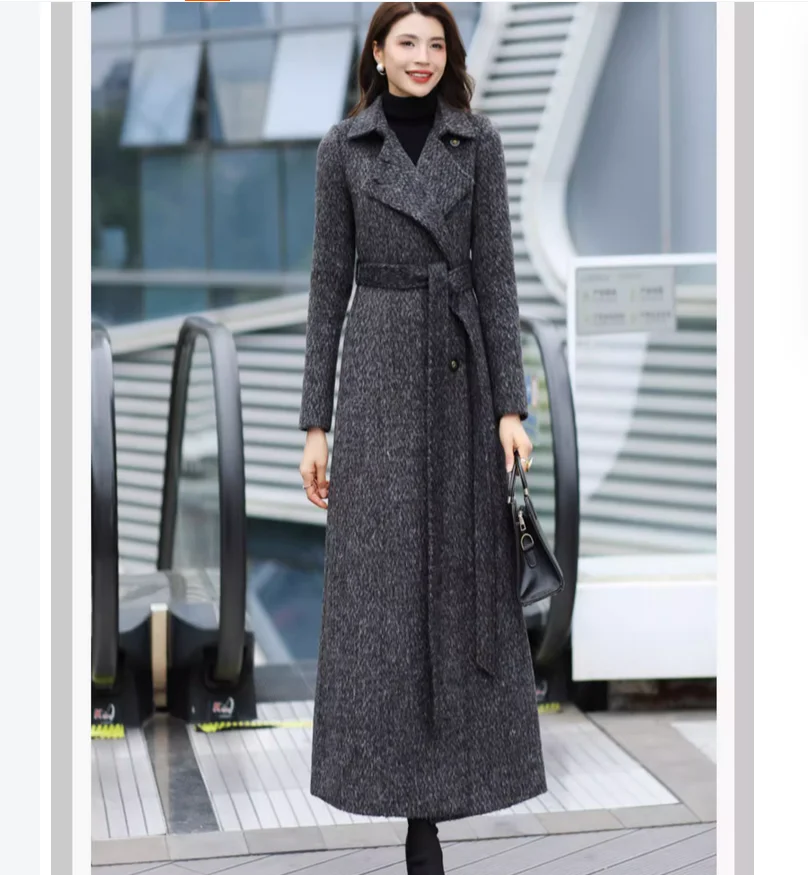 

Autumn and winter gray high-end temperament, waist cinching ultra long woolen jacket