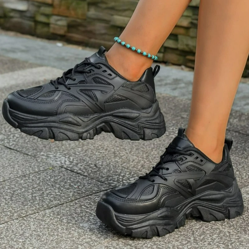 Damen Neue Mode Plateau-Sportschuhe Damen 2026 Neue Sommer Schwarze Lässige Chunky Sneaker Damen Mesh-Leder Plateauschuhe – Detail 5