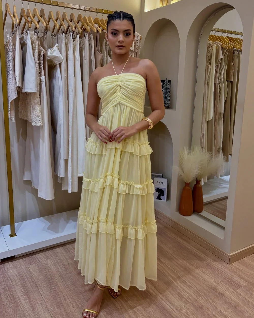 Customized Sexy Fashion Chiffon Pleat Ruched Tiered A-line Halter Midi Dresses Evening Dresses Sizes Available High Quality