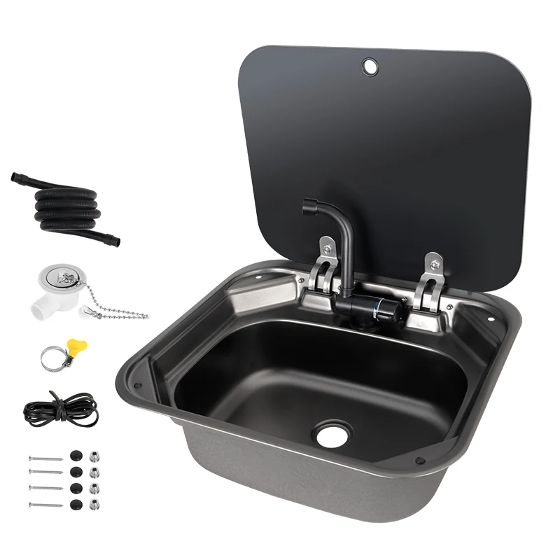 

RV Stainless Steel Sink with Faucet 420mm with Tempered Glass Cover Square and RV RV Camper Kitchen Accessories