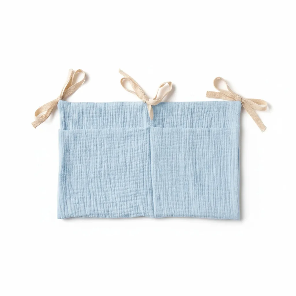 Babybett-Organizer Hängende Aufbewahrungstasche aus Musselin-Baumwolle Windel-Caddy Kinderzimmer Bettseitentasche Hängende Tasche mit Bändern Neu – Detail 5