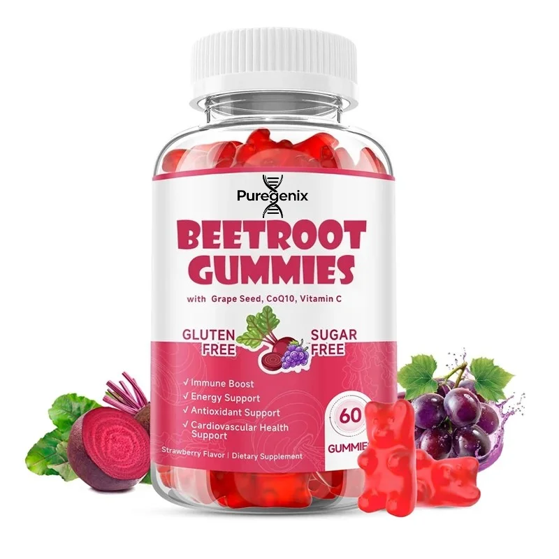 Beetroot Gummies, Used for Antioxidant Support, Sugar Free, Containing Beetroot, Grape Seeds, Niacin, Coenzyme Q10, Vitamin C