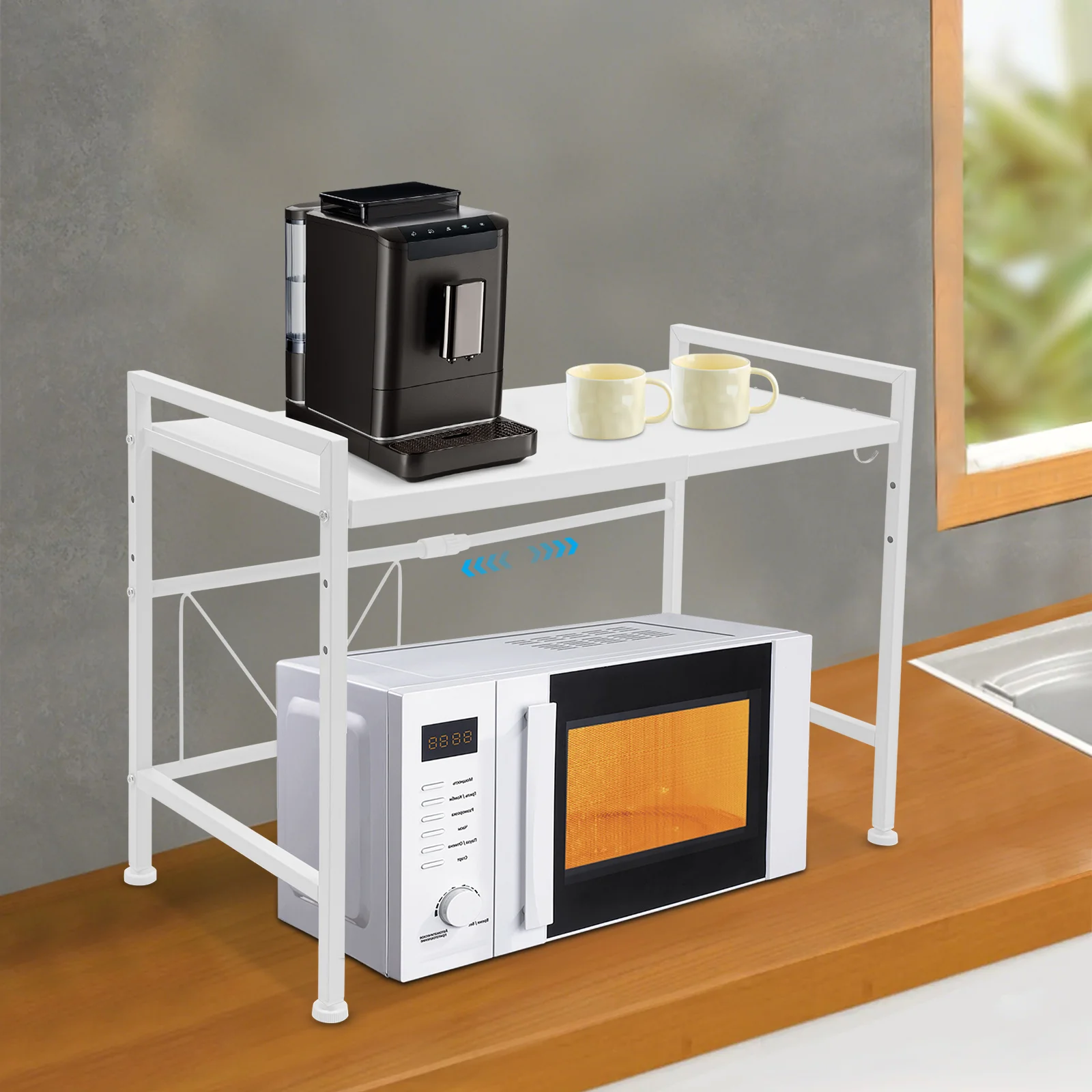 Heavy Duty 15kg Microwave Shelf Organizer Expandable 40-65cm Carbon Steel Storage Rack with 3 Hooks Rustproof White