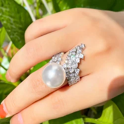 CWWZircons Gorgeous Round Chunky Cubic Zircon White Gold Plated Adjustable Big Pearl Bridal Wedding Party Rings for Women R230