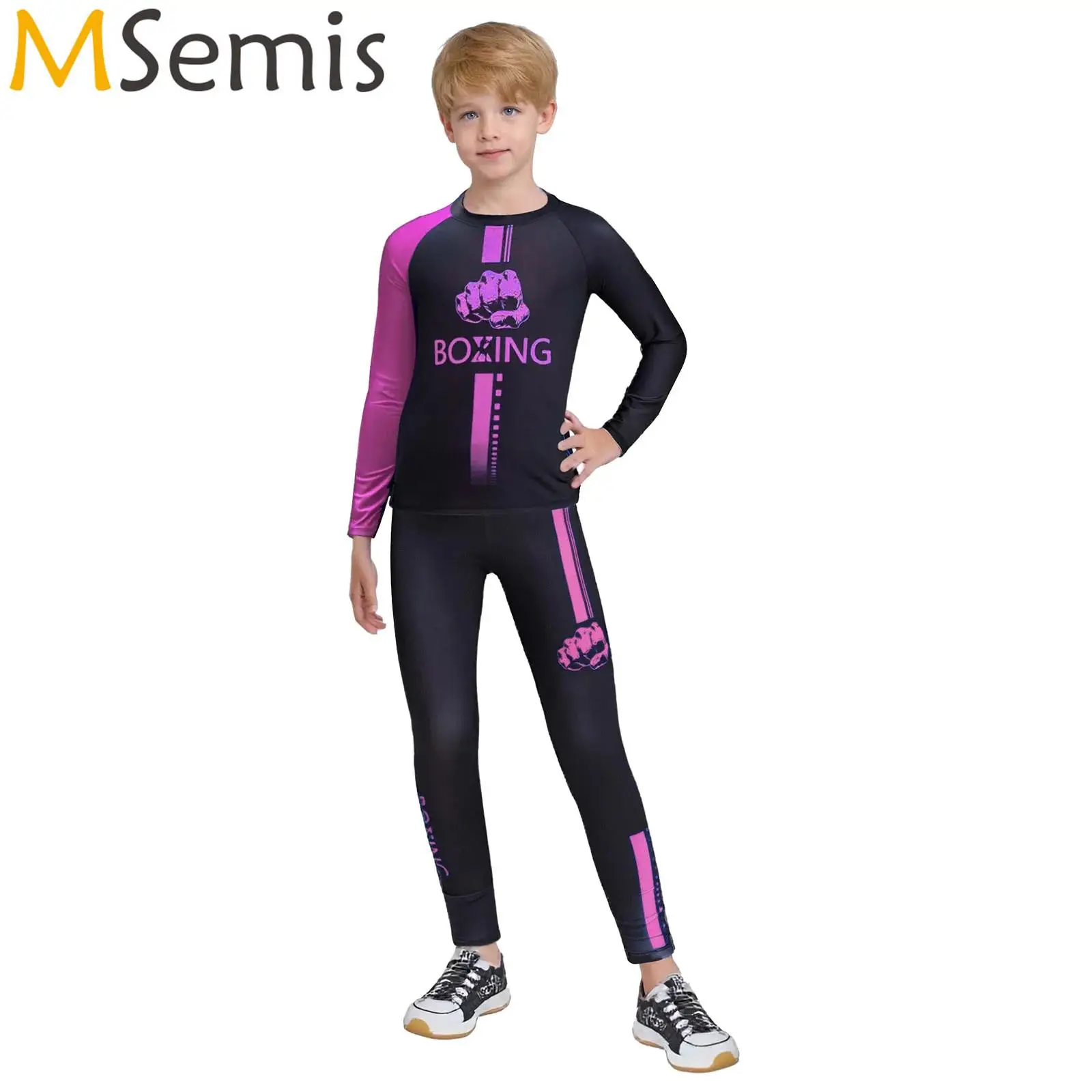 

Kids Boys Color Block Letter Printed Boxer Boxing Costume Long Sleeve T-shirt with Leggings for Boxing Training Muay Thai Fight