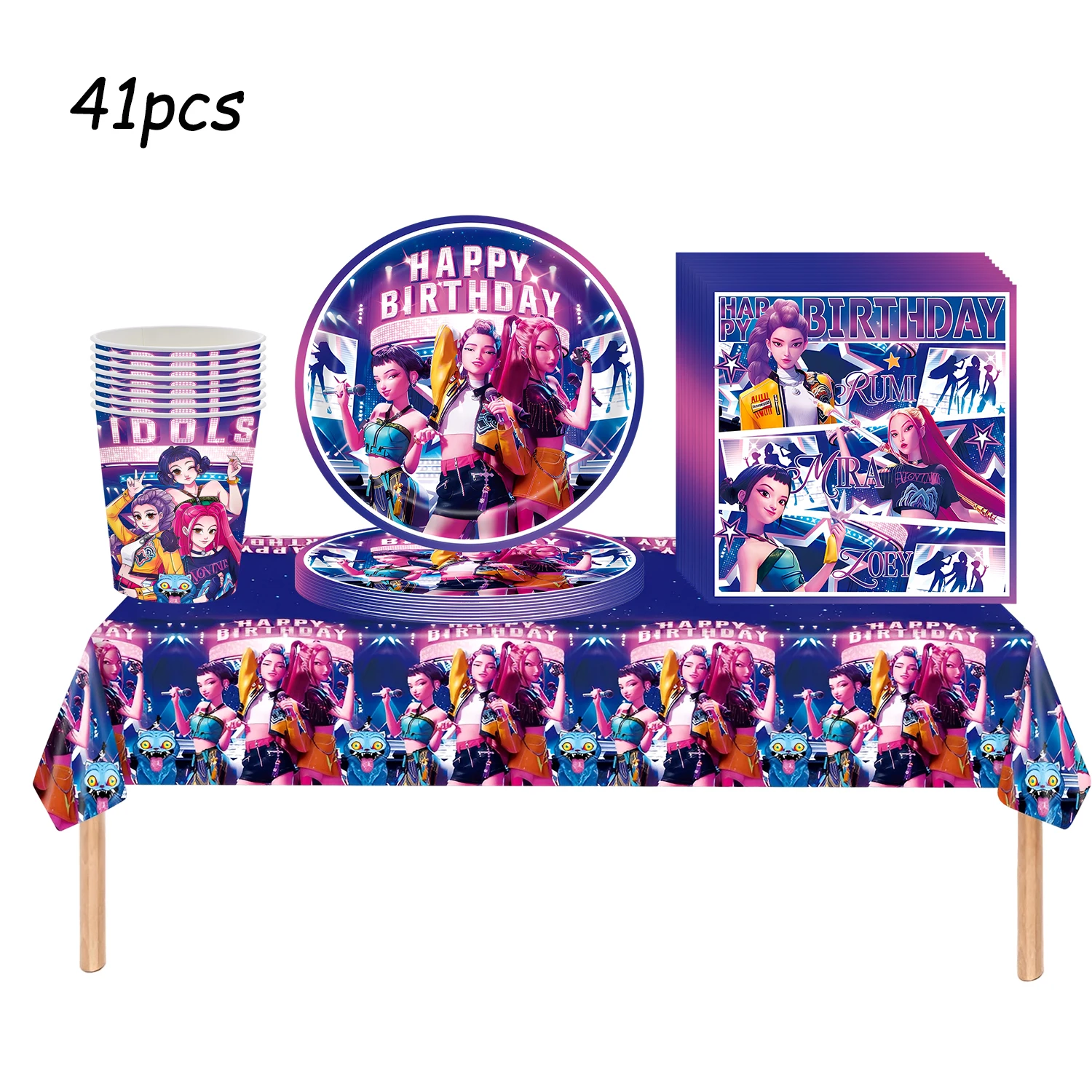 新しいK-POPデモンハンターズ漫画テーマの誕生日パーティーデコレーションセット、食器、カップ、プレート、紙製、女の子、ベビーシャワー用品