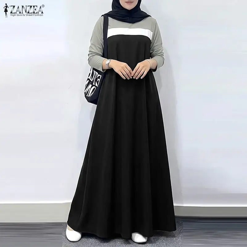 ZANZEA Women Long Sleeve Color Block Muslim Abaya Dress Patchwork Sundress Kaftan Ramadan Maxi Long Dress Robe Islamic Clothing