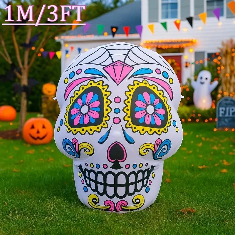 3FT aufblasbares Spielzeug, Zuckerschädel, Halloween-Dekorationen, aufblasbare Dekoration für Garten, drinnen und draußen, mit LED-Licht, für Zuhause, Party, Urlaub
