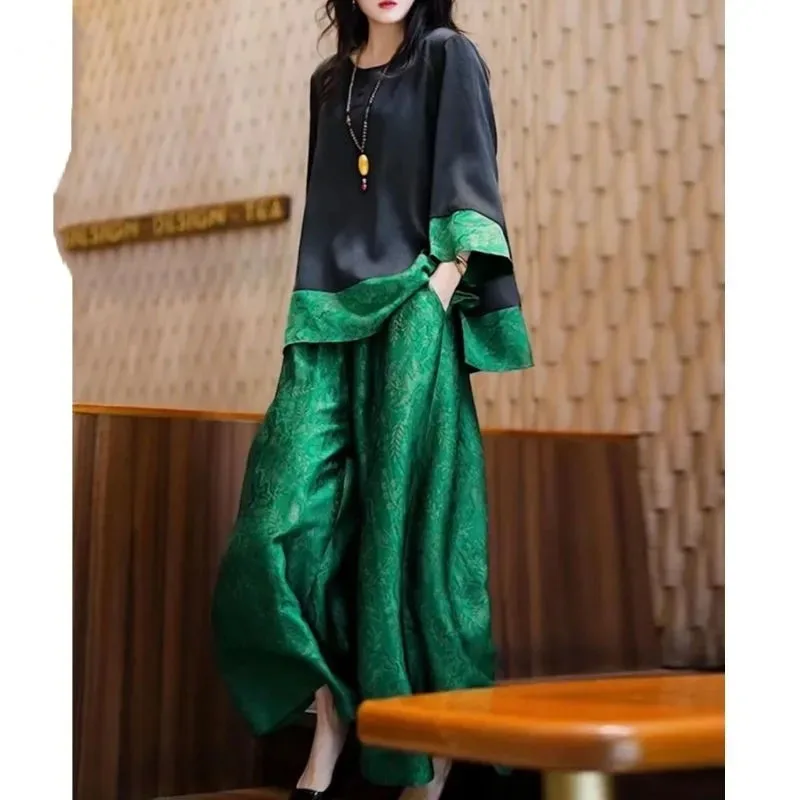 Summer Women Loose Satin Outfit Korean Ladies Leisure Seven Divide Sleeve Pants Two-piece Suit 2025 Female Large Size 4XL 2PCS