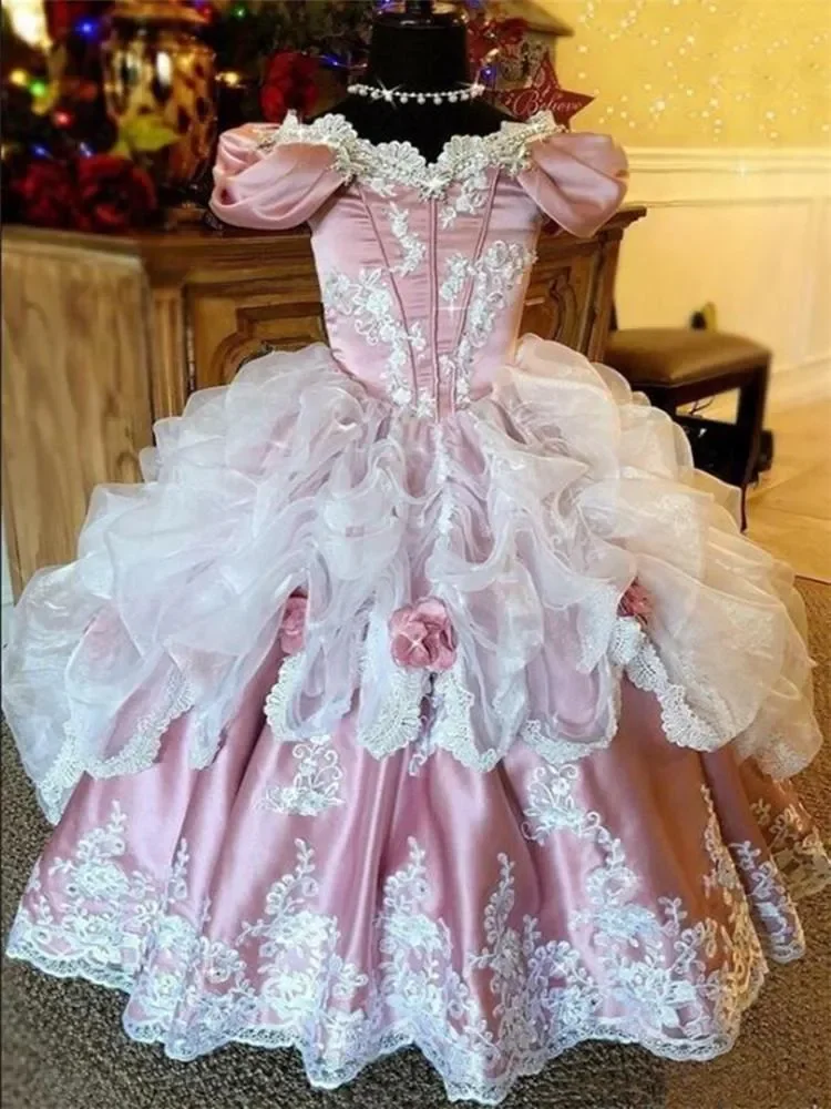 Lovely Pink Applique Lace Beading Flower Girl Dresses Princess Ball Gown First Communion Prom Fashion 2023