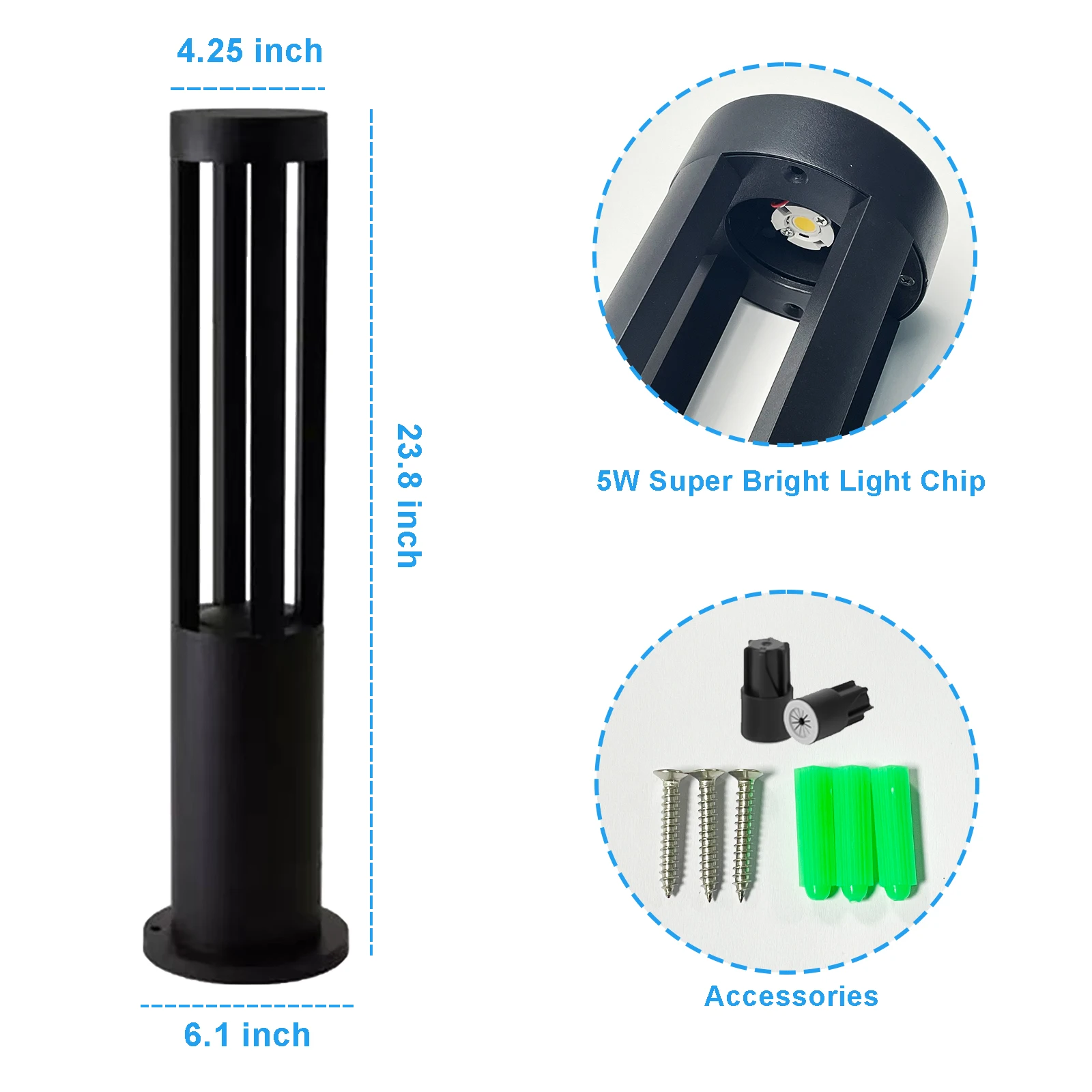 23.8 Inch Round LED Outdoor Bollard Light, 5W Modern Black Pathway Light, IP65 Waterproof Lawn & Garden Landscape Lighting