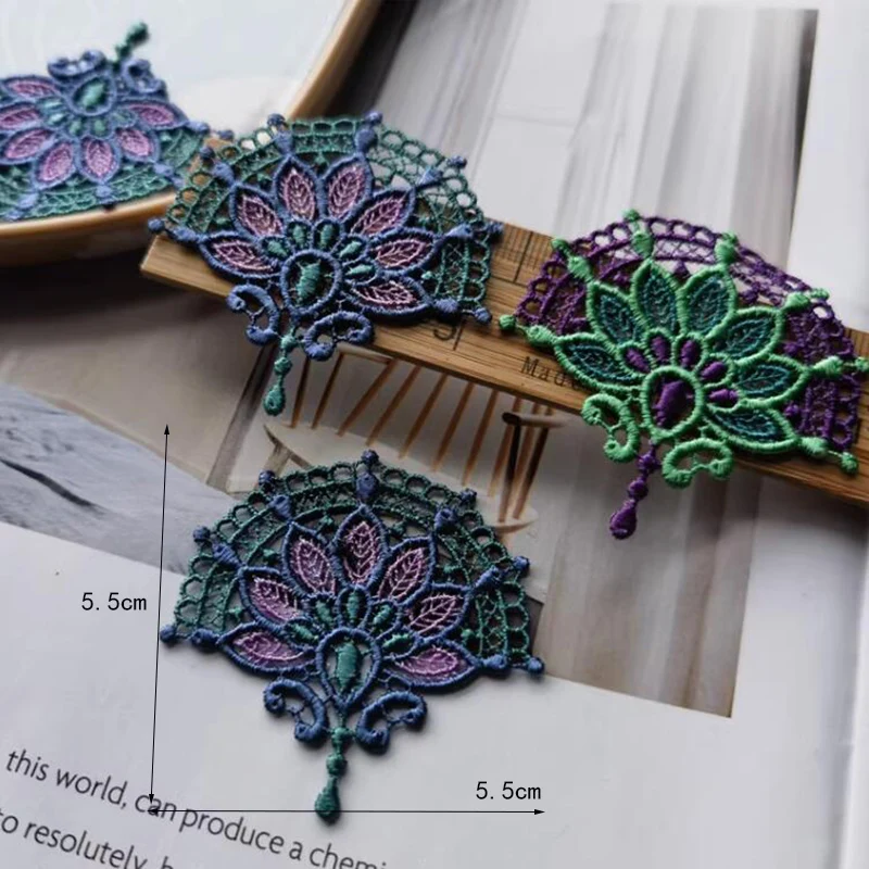 10Pcs Sparkling Green Purple Gradient Embroidered Fan Lace Fabric Patch Used for Decorating Clothing Embroidered Lace Patch