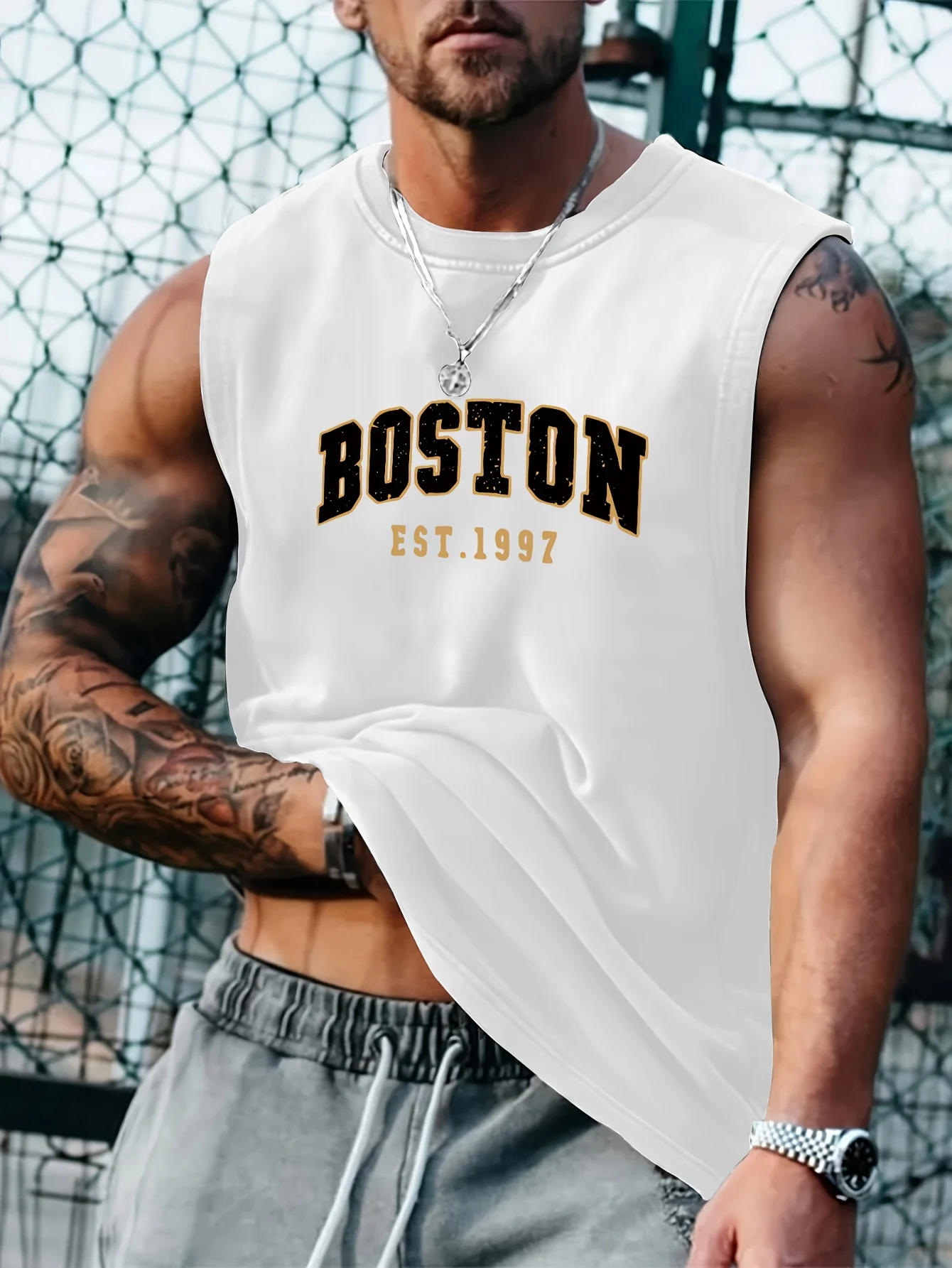 

Men's Boston EST. 1997 pattern sleeveless vest - black with gold lettering, casual round neck muscle shirt suitable for the gym