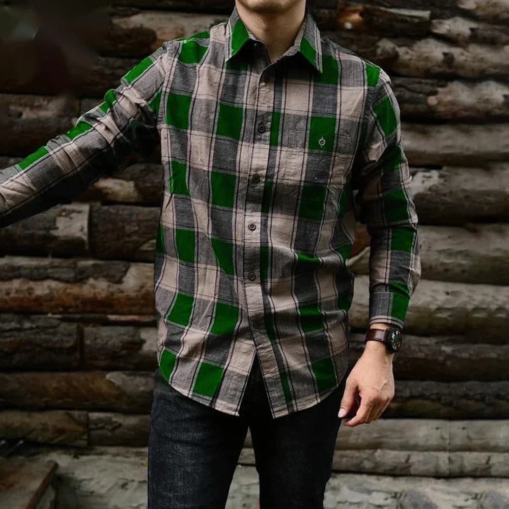 Fashion Men\'s Plaid Shirt Single Breasted Button Lapel Collar Pattern Long Sleeve Casual Slim Tops Shirts And Blouse Coat