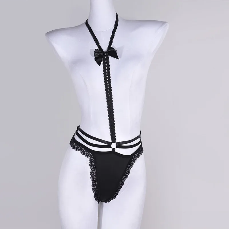 

Fashion Style Black Bow Elegant Sexy Women Underwear Set Solid Hanging Neck Design Erotic Women's Sexy Lingerie Lace thongs