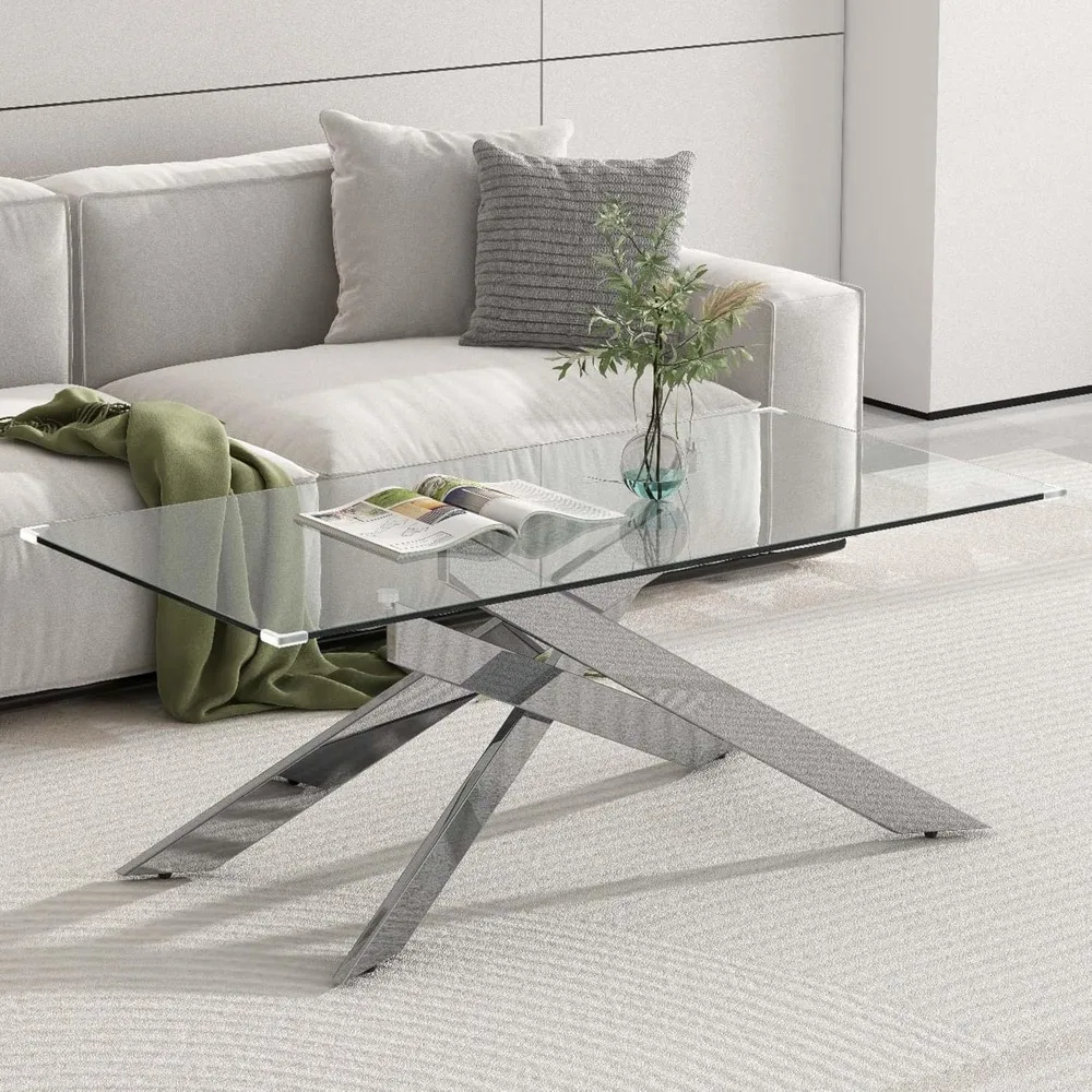 

Modern Rectangle Center Table with Tempered Glass Top and Metal Legs, Living Room Tea Tables for Small Space, Living Room