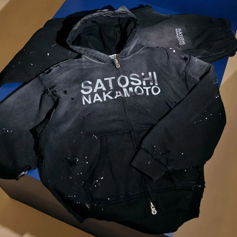 2026 Autumn Winter Trend New Satoshi Nakamoto Heavyweight Hoodies Retro Distressed Washed Men's Women's Casual Sweatshirts