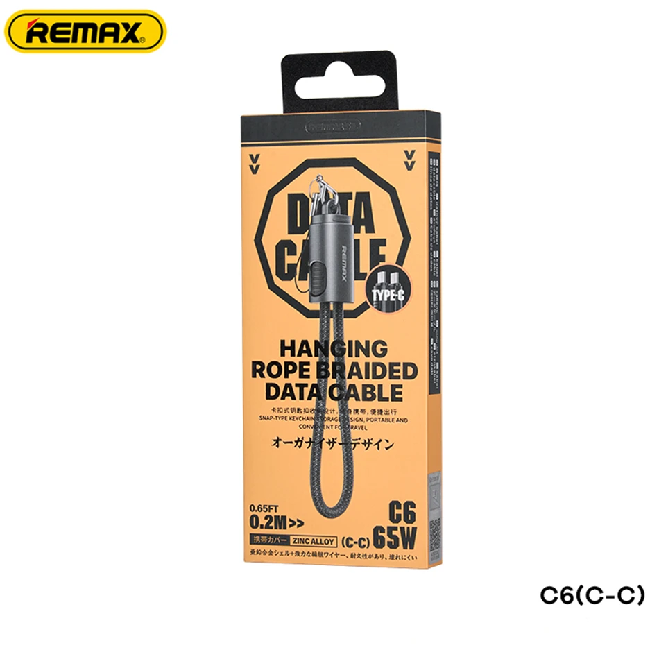 REMAX 65W Zinc Alloy Hanging Rope Braided Data Cable Type-c To Type-c PD65W High Power Fast Charge Usb Cable 20cm Length C6