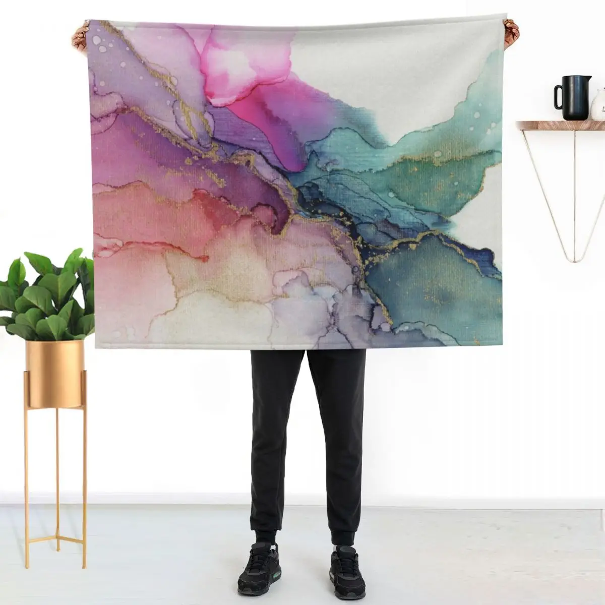 

Abstract Coral Turquoise Gold Ink Painting on Canvas Throw Blanket Wrinkle Resistant Lightweight Blanket