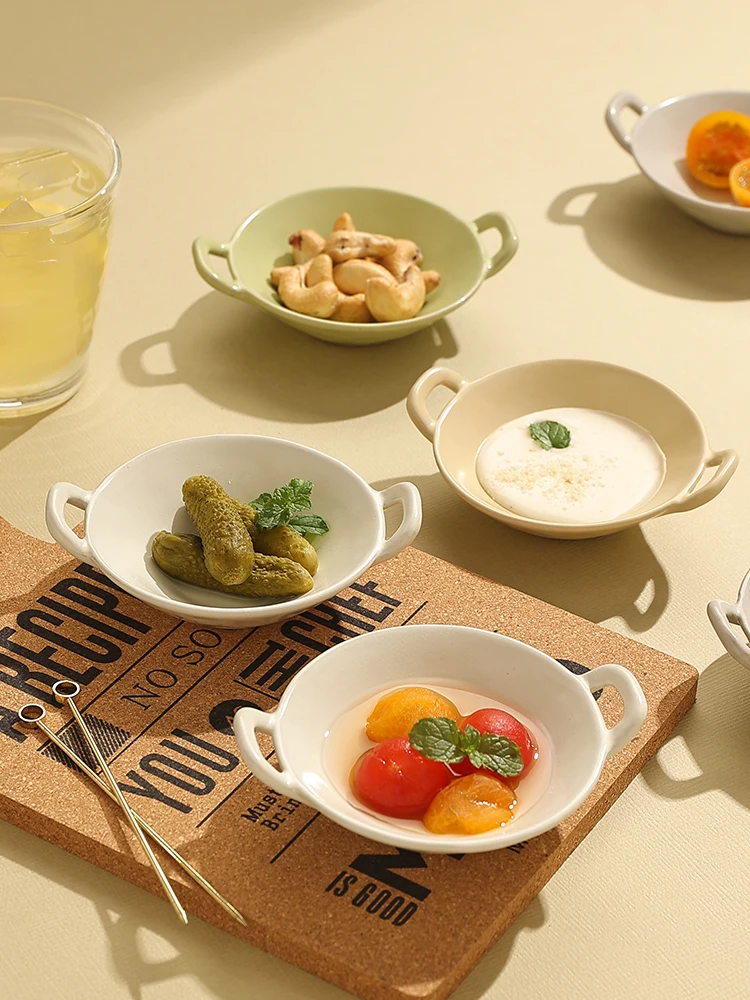 Binaural Ceramic Dipping Saucer Solid Colour Simple Soy Sauce Vinegar Condiment Dish Household Barbecue Dish