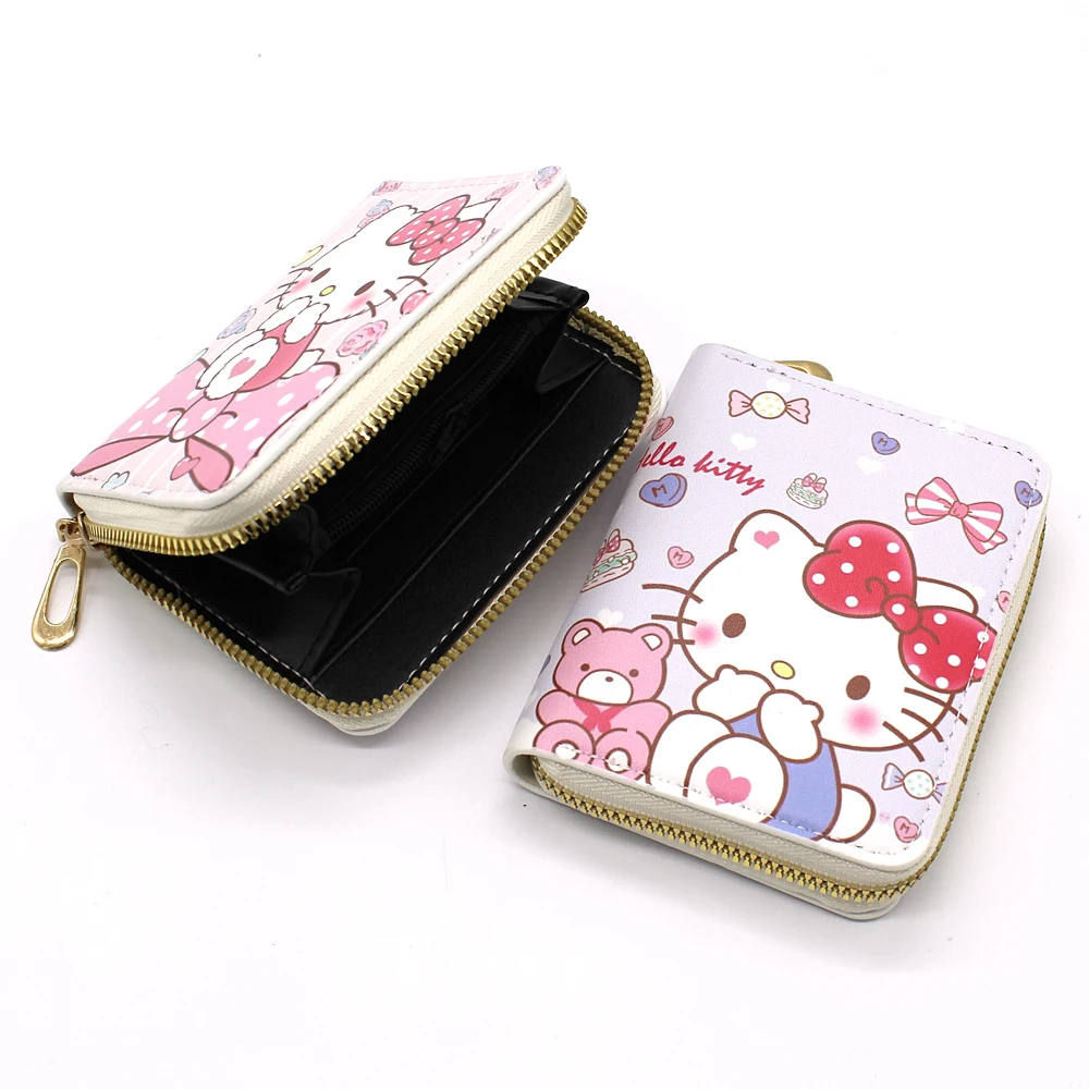 Sanrio-billeteras de Hello Kitty para mujer, portatarjetas de cuero portátil, monedero con cremallera para niñas, regalo para estudiantes, billetera pequeña de dibujos animados