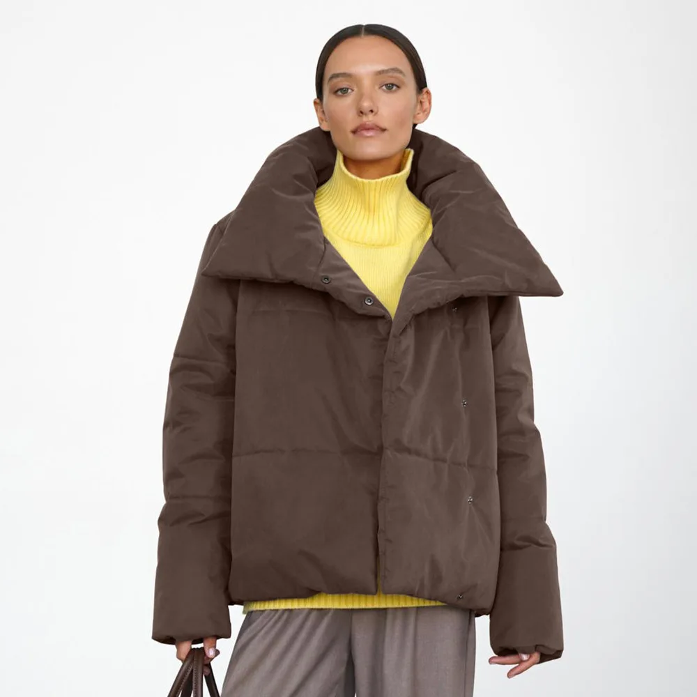 

Warm High Collar Cotton Jacket 2025 Autumn Winter New Asymmetric Cotton Coat Solid Color Hidden Button Cotton Jacket for Women
