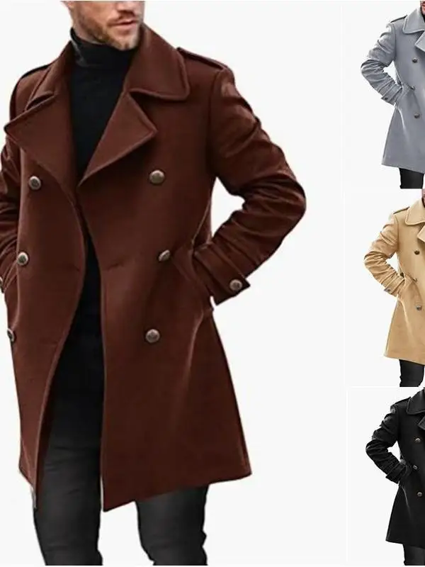 

Men's Thiened Woolen Coat Warm Top Jaet Stand Fit Daily Wear Polyester Fiber Long Coat Double Breasted Pure Color