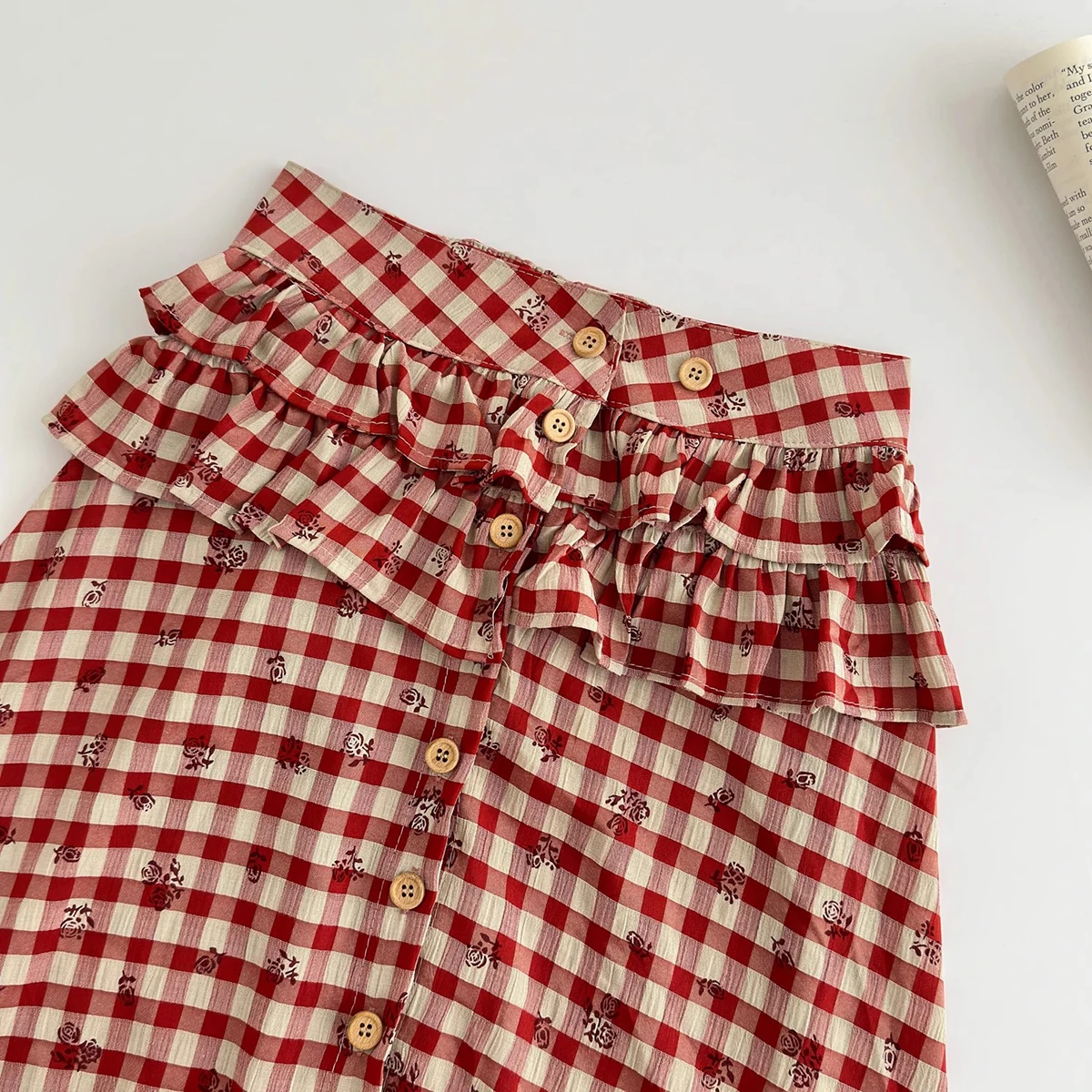 ReddaChic レトロチェック柄トップススカート レディース マッチングセット 長袖ツイストフロントブラウストップス スリットロングラッフルスカート サマー服
