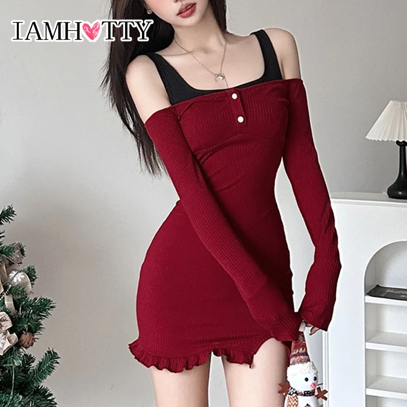 IAMHOTTY Kawaii Contrast Patchwork Slash Neck Bodycon Dress Red Holiday Christmas Party Skinny Ruffle Split Mini Dresses Y2K