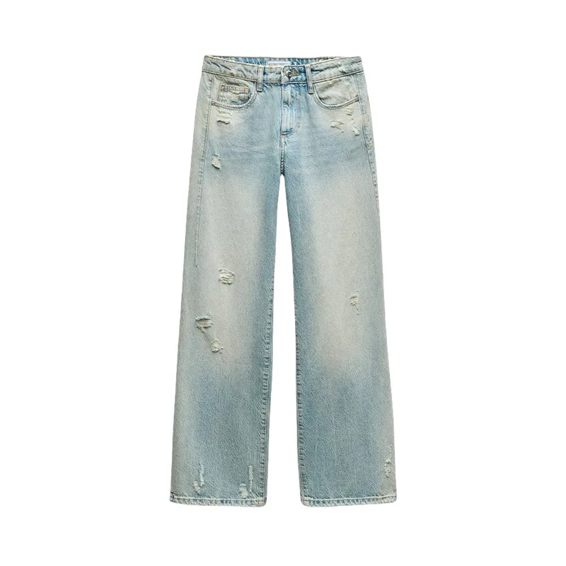 Z1975 mid-waist straight cut ripped jeans traf 2024 New Wash Process Soft Fabric Everyday casual 5 pocket jeans for women