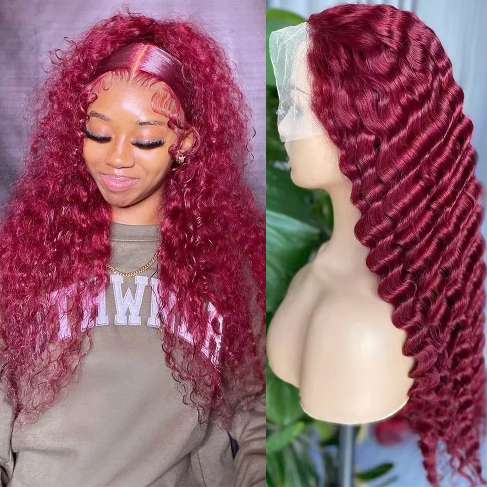 

30 дюймовбордовый 99J HD кружевные фронтальные парики 13x5 с глубокими волнами 250% плотность вьющиеся волнистые парики из человеческих волос для чернокожих женщин