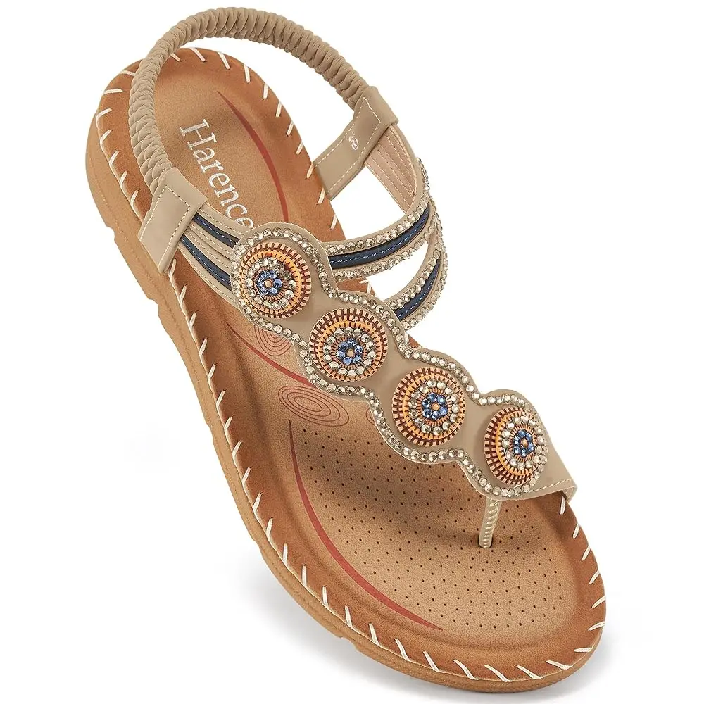

Flat Sandals for Women Dressy: Bohemian Beaded Toe Ring Summer Walking Shoes with Elastic Ankle Strap for Travel Vacation &