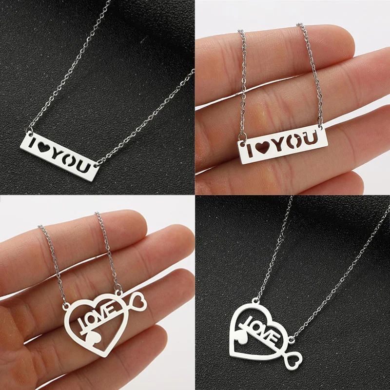 Romantic Stainless Steel Love Heart Charm Necklace for Women Hollow Wedding Jewelry Girls Sweet Valentine's Day Necklaces Gifts