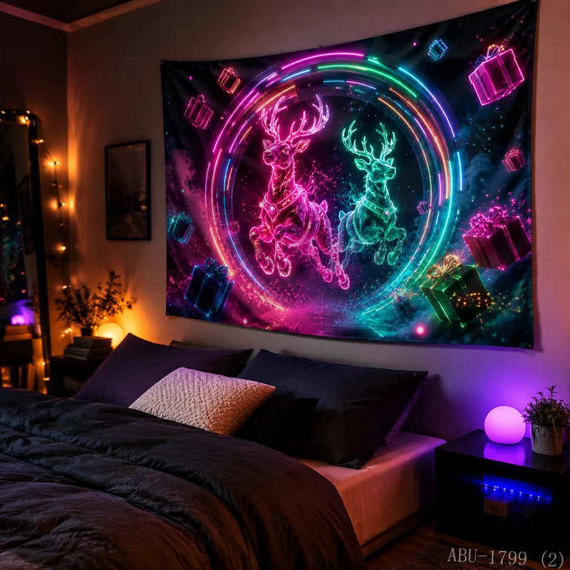 VIKAMA Neon Gold Green Blue Reindeer Jumping Vortex Halo Star Snowflake Black Spiral Christmas Tapestry Wall Hanging Bedroom