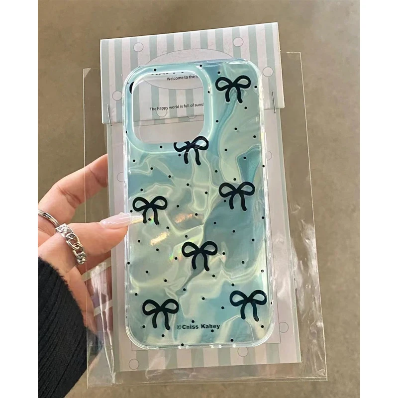 Fashion Bow Knot Pearly Case Compatible for IPhone 11 15 14 16 12 13 Pro Max 15 7 8 Plus XR X Xs Max SE 2020 Waves Water Cover
