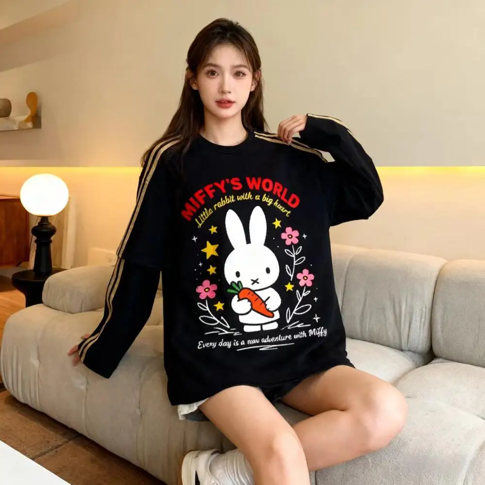 Новая толстовка с капюшоном Miffy, искусственное пальто из двух предметов, осеннее пальто с длинными рукавами и круглым вырезом, повседневная свободная универсальная основа в стиле ретро